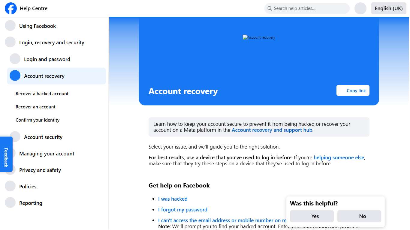 Account recovery | Facebook Help Centre
