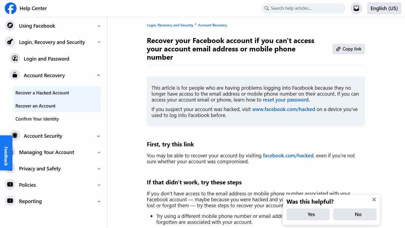 Recover your Facebook account if you can't access your account email address or mobile phone number | Facebook Help Center